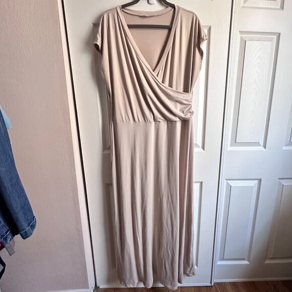 DoubleJu Dresses & Skirts - DoubleJu Womens 3X Beige Taupe Jersey Draped Faux Wrap Cap Sleeve Maxi Dress